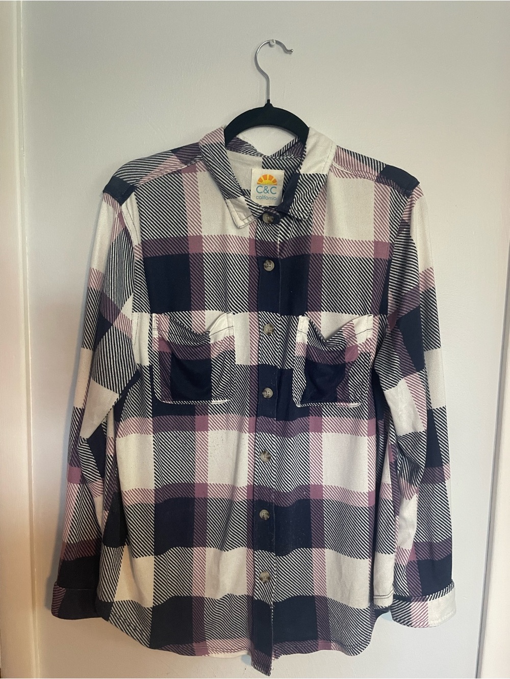 C&C California Women’s Lightweight Plaid Button Shirt White, Black & Purple XL